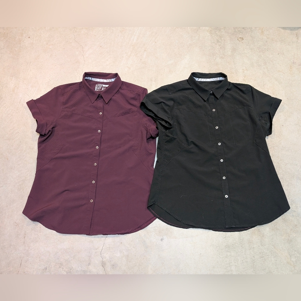 Women’s Short Sleeve Button Front Shirt - Black and Wine